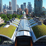 Begr&uuml;ntes Tonnendach  f&uuml;r moderne Markthalle