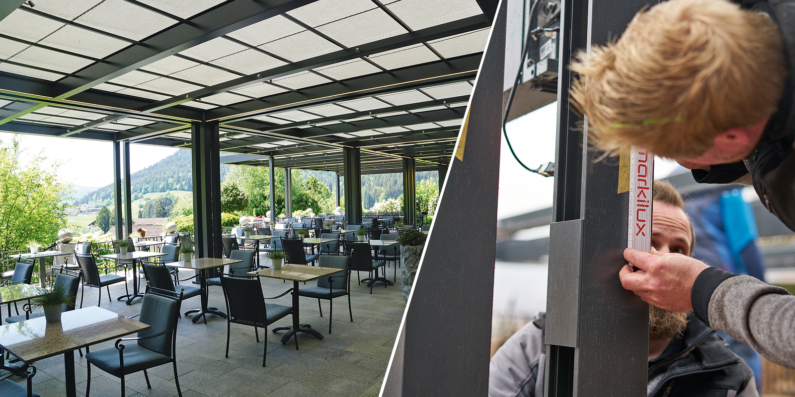 Markante Außenüberdachung, professionell montiert